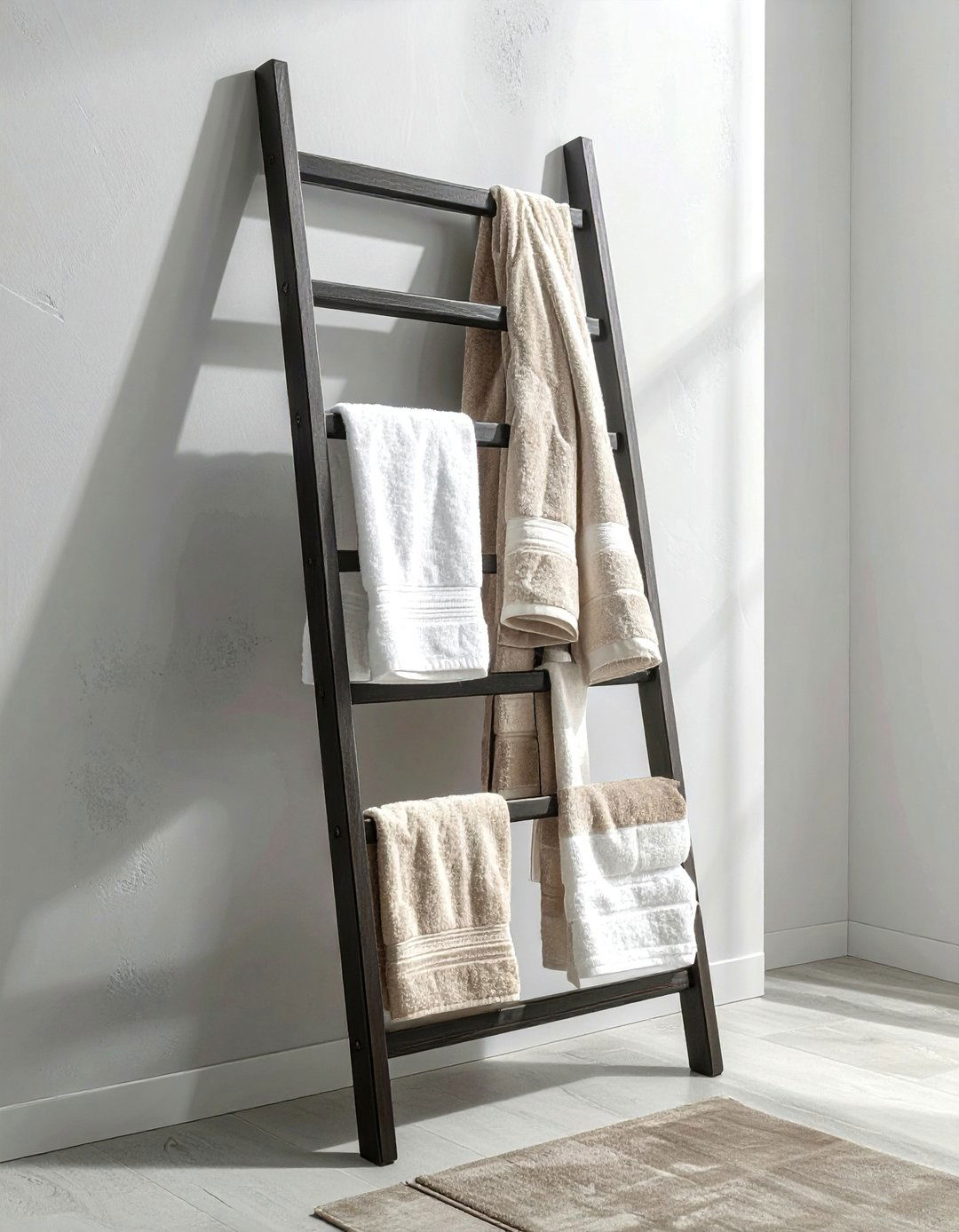 Vertical towel ladder display - 30 bathroom storage solutions
