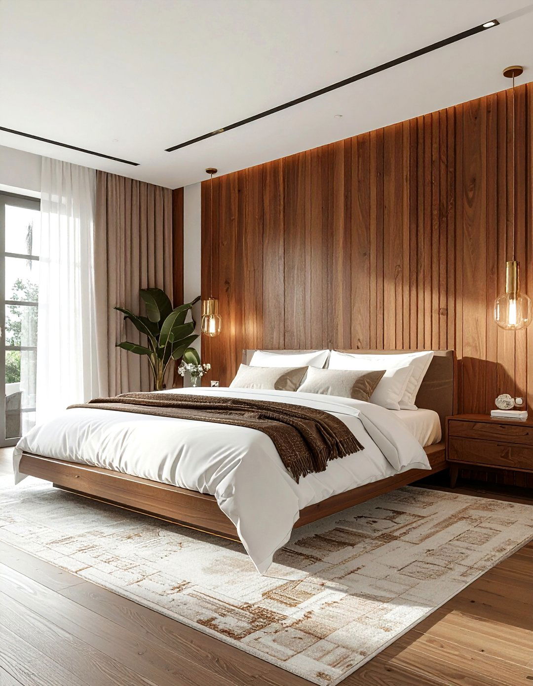 Vertical wood slat bedroom - 30 mid-century glam bedroom ideas