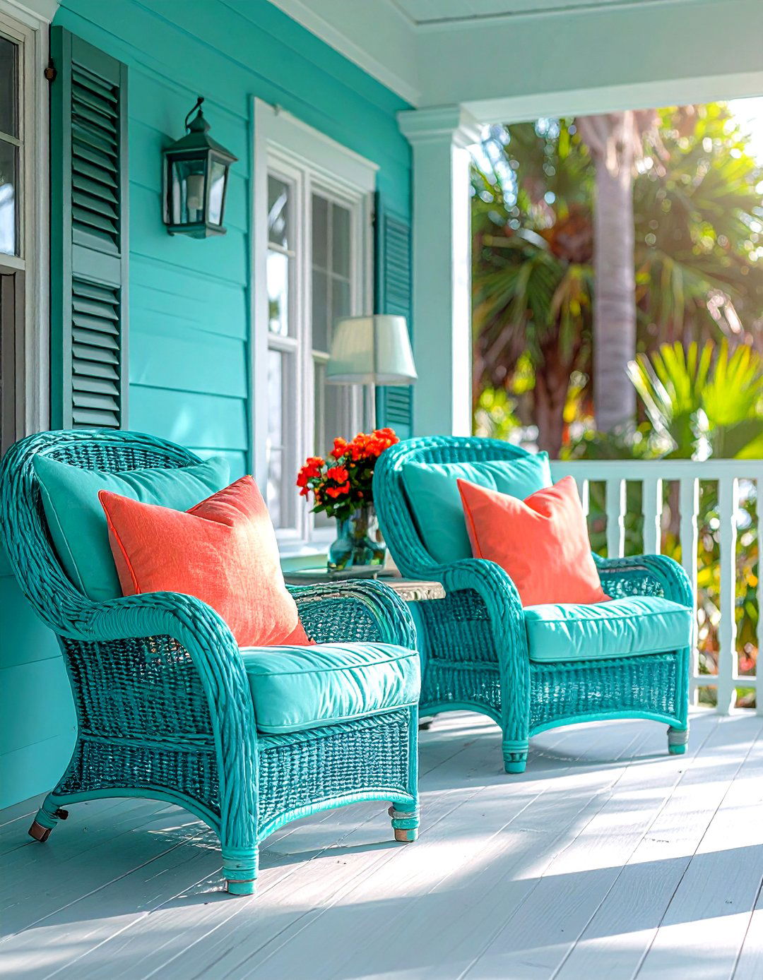 Vibrant Turquoise And Coral Porch - 30 decor color theory ideas