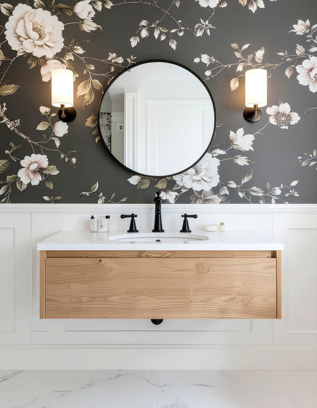 Victorian floral wallpaper floating vanity - 30 bathroom era mixing ideas