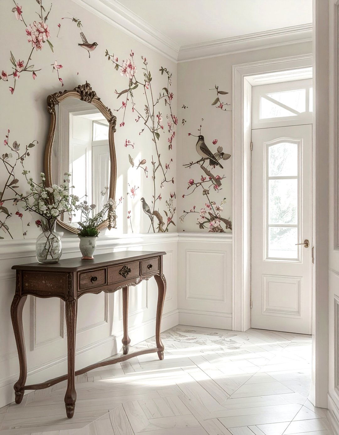 Vintage Bird Print Hallway - 30 peel and stick wallpaper ideas