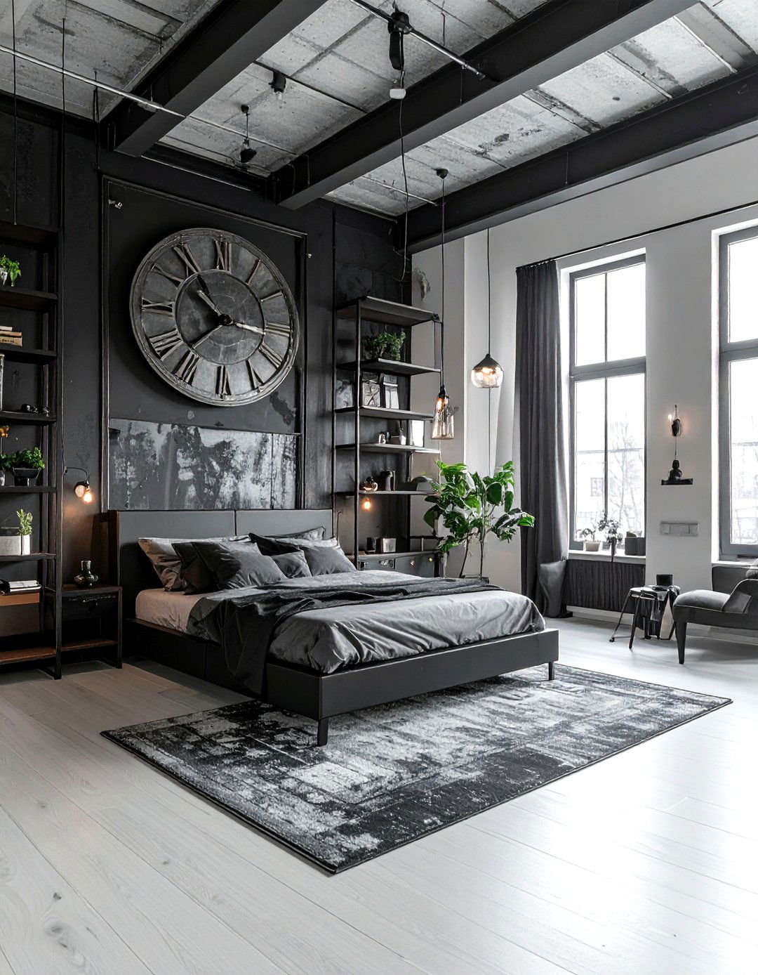 Vintage Factory Clock - 30 industrial black bedroom ideas