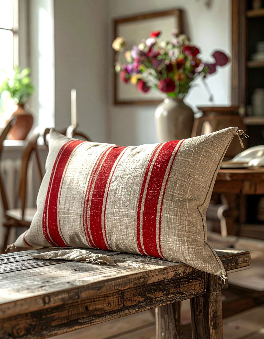 Vintage Linen Grain Sack Pillow - 30 linen dining room ideas