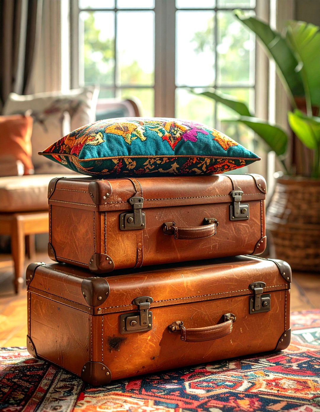 Vintage Suitcase Decor - 30 living room pillow storage ideas
