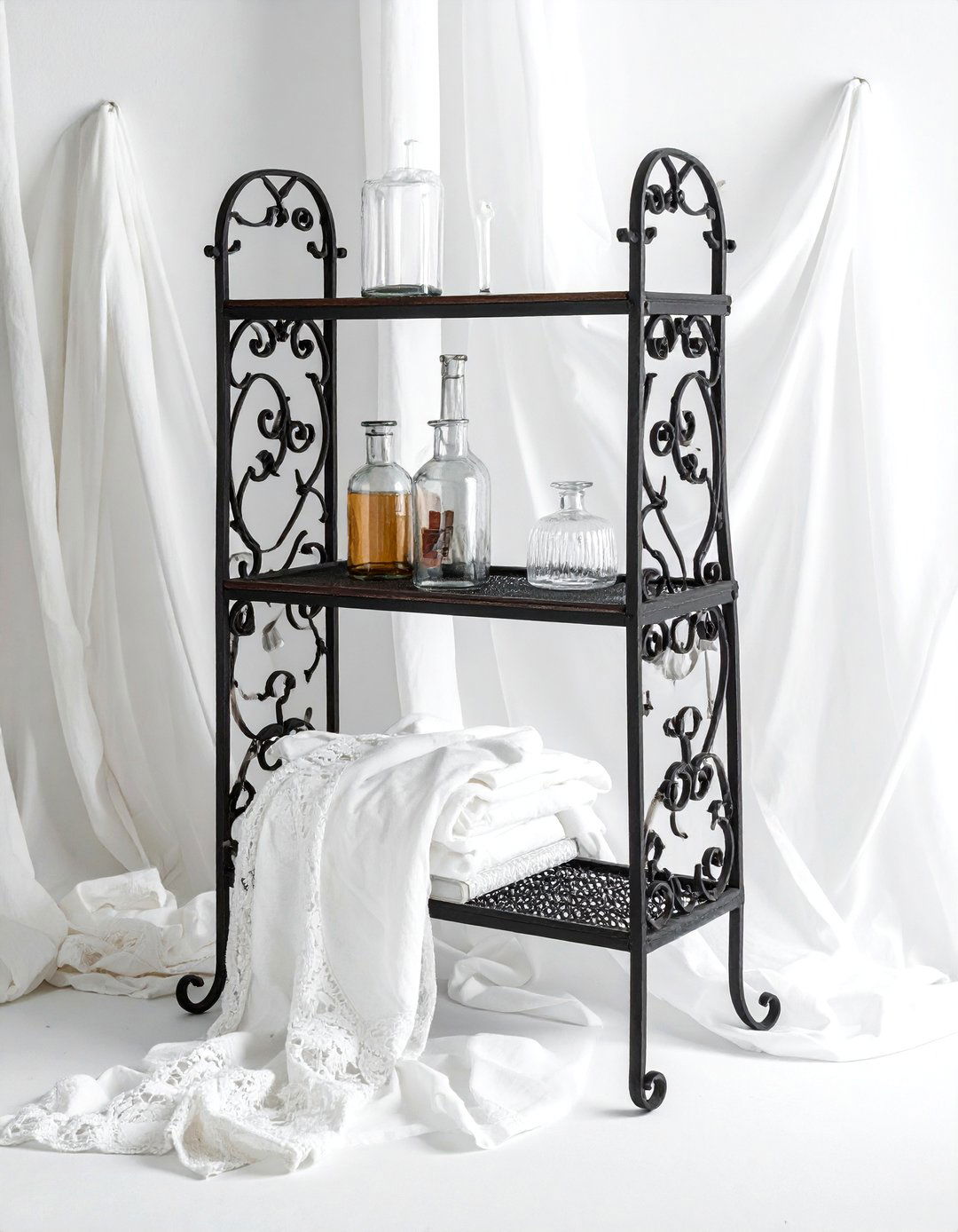 Vintage Wrought Iron Corner Stand - 30 bathroom corner shelving ideas