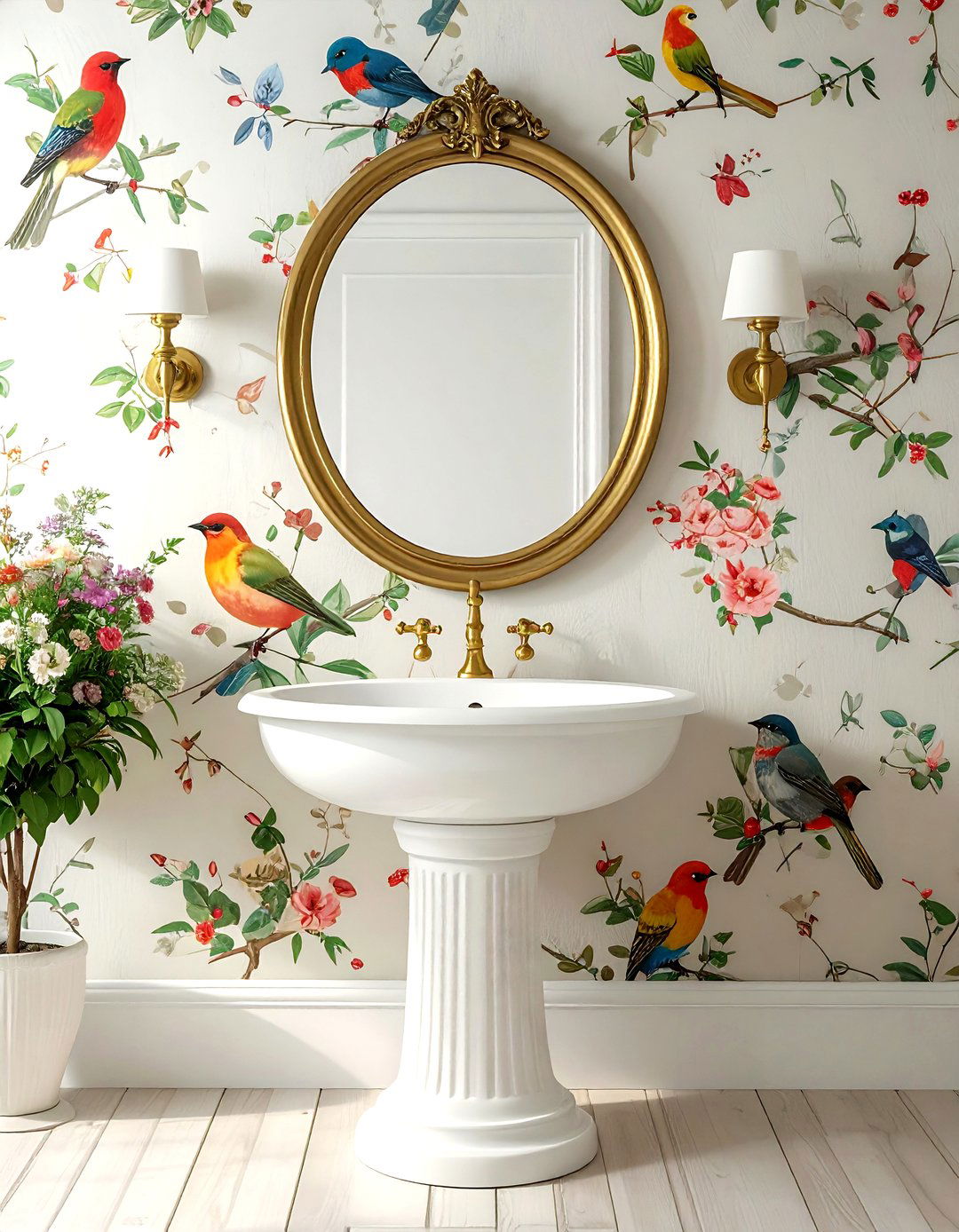 Vintage bird pattern wallpaper - 30 powder room wallpaper ideas