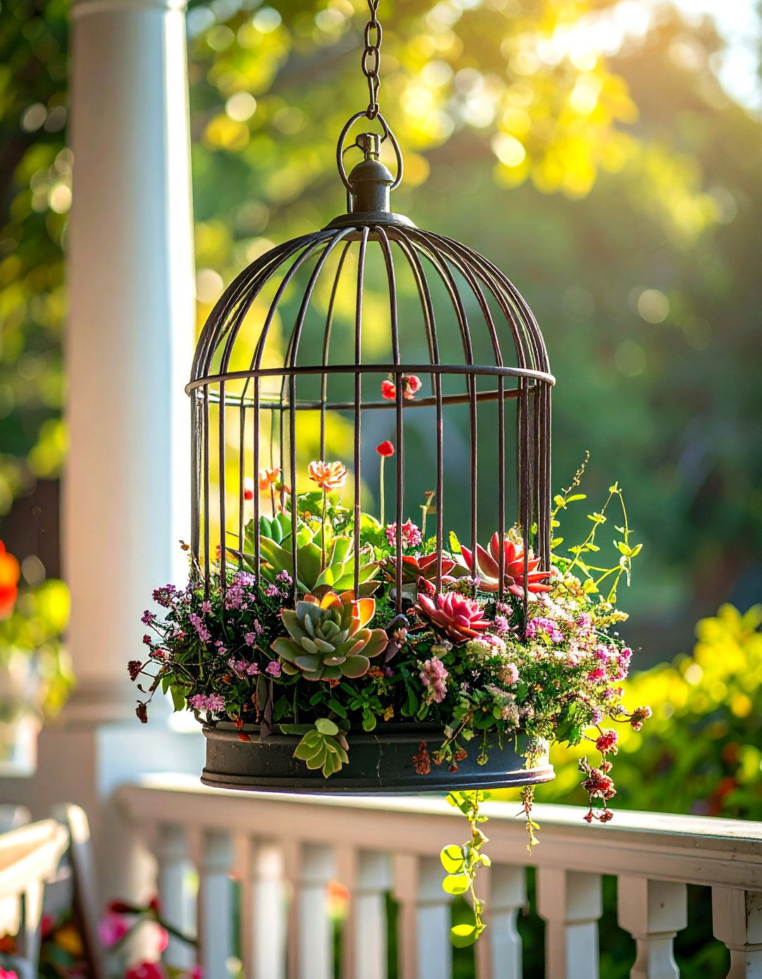 Vintage birdcage planter porch - 30 garden-inspired decor ideas