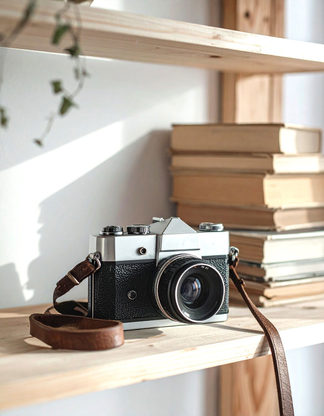 Vintage camera on wooden shelf - 30 curiosity decor ideas