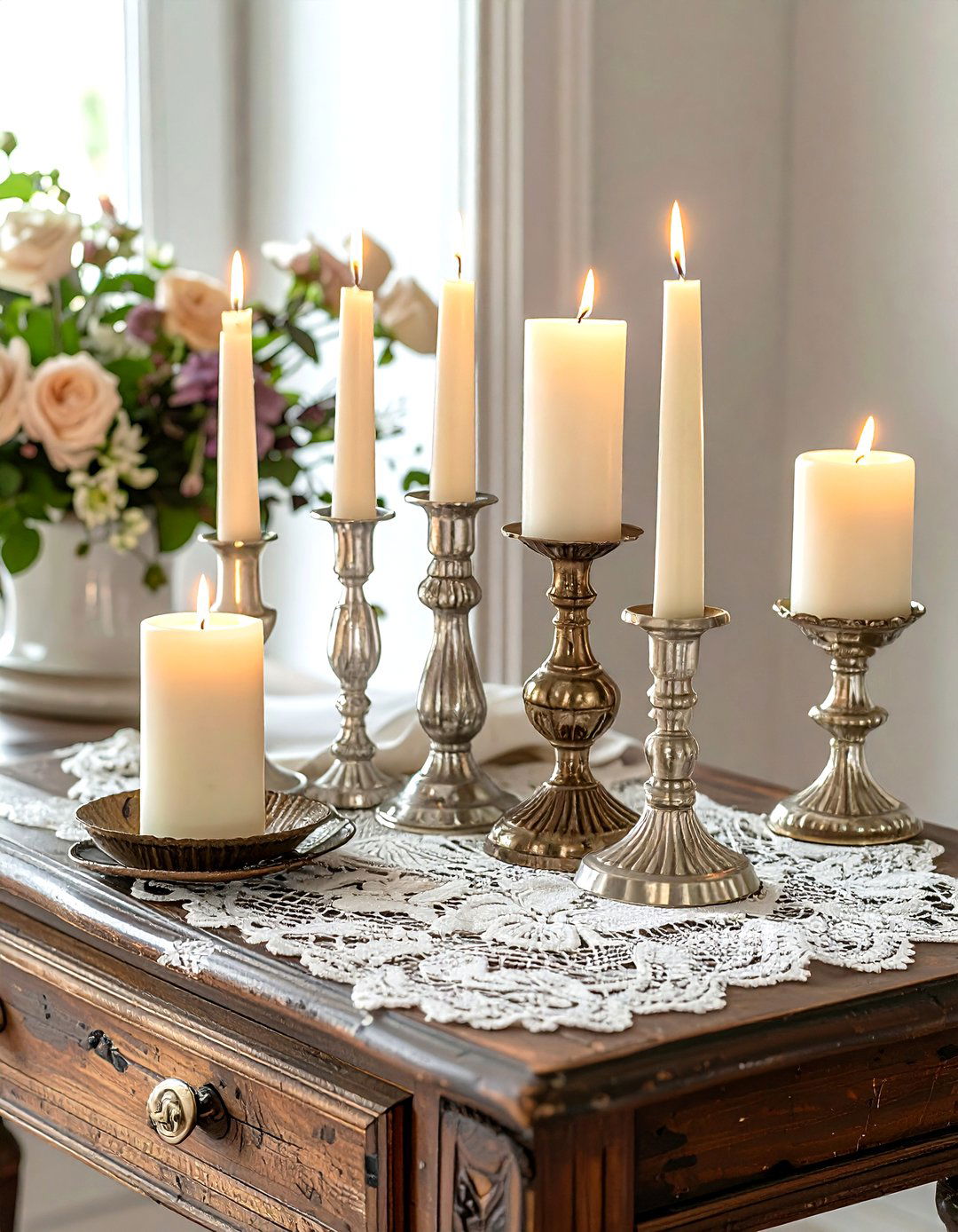 Vintage mismatched candle holders - 30 candle arrangement ideas