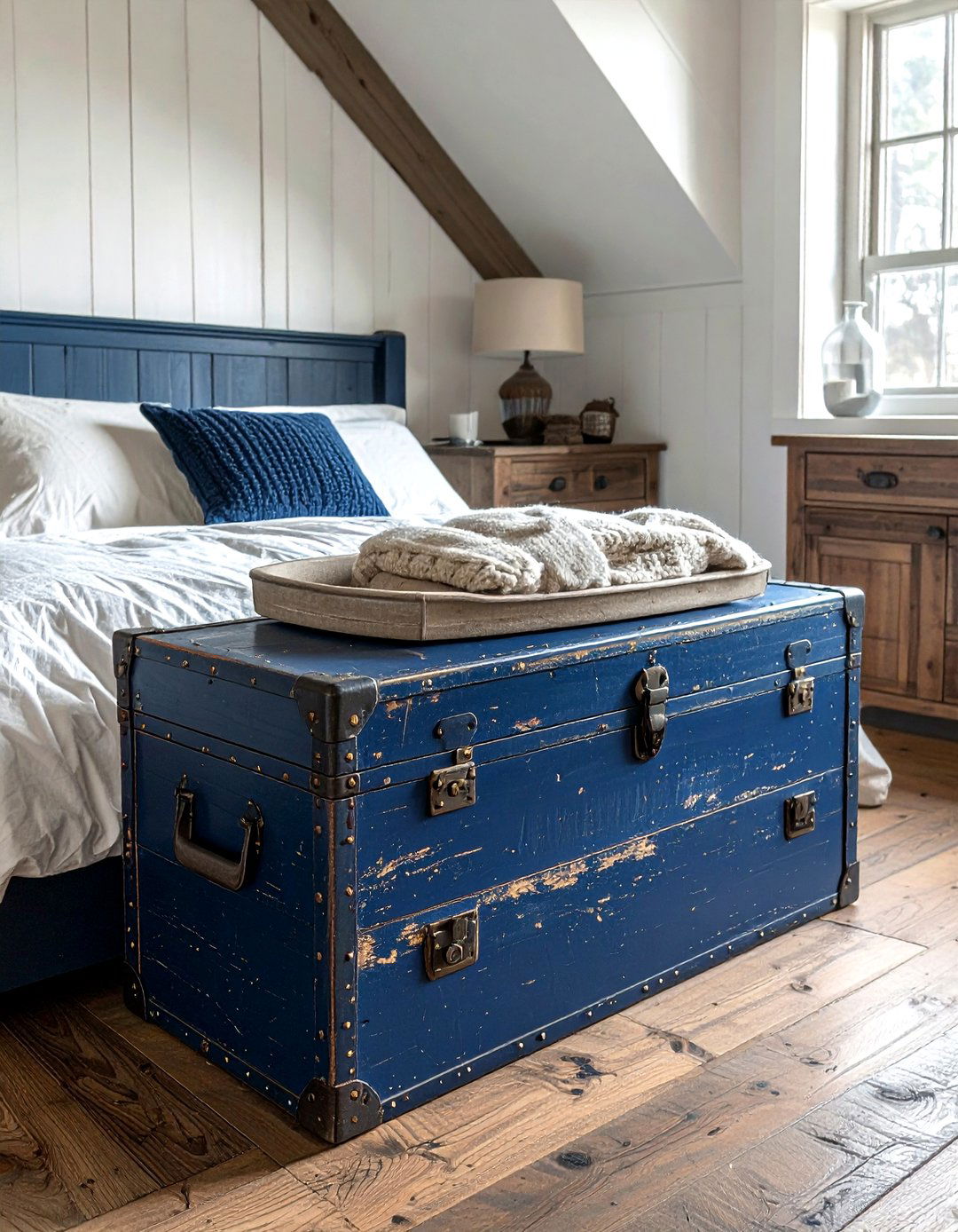 Vintage navy blue farmhouse trunk - 30 farmhouse navy bedroom ideas