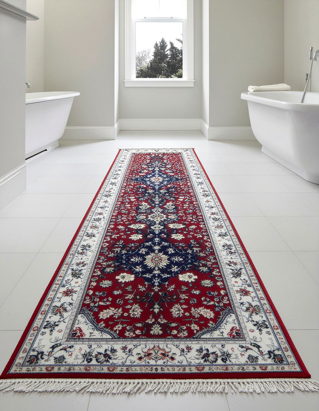 Vintage runner rug on floor - 30 bathroom layering ideas