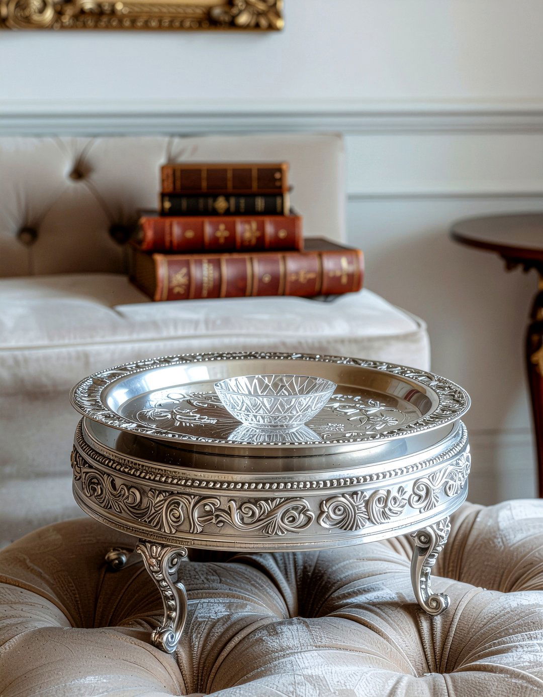 Vintage tray on antique ottoman - 30 living room tray ottoman ideas