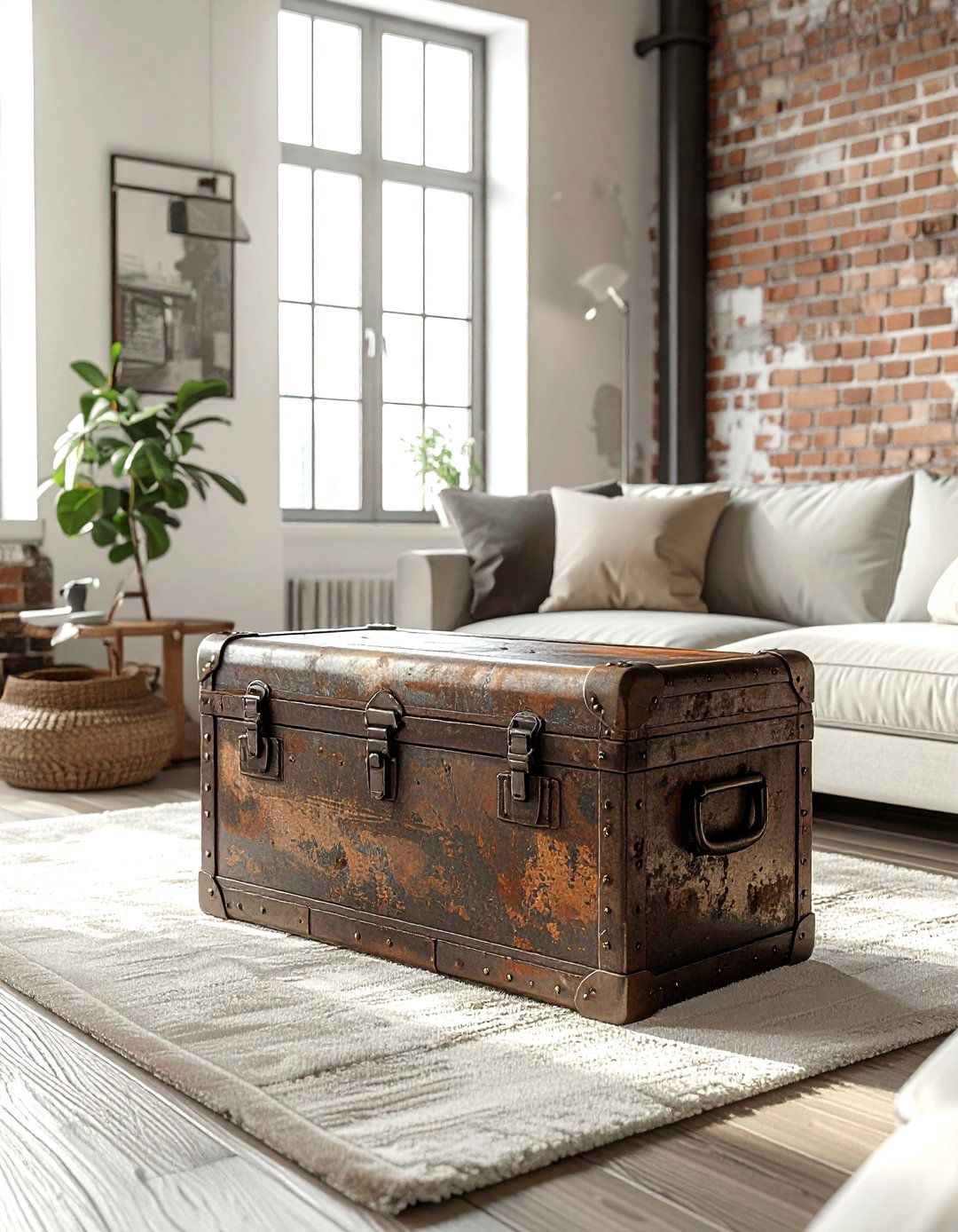 Vintage trunk coffee table - 30 industrial cream living room ideas