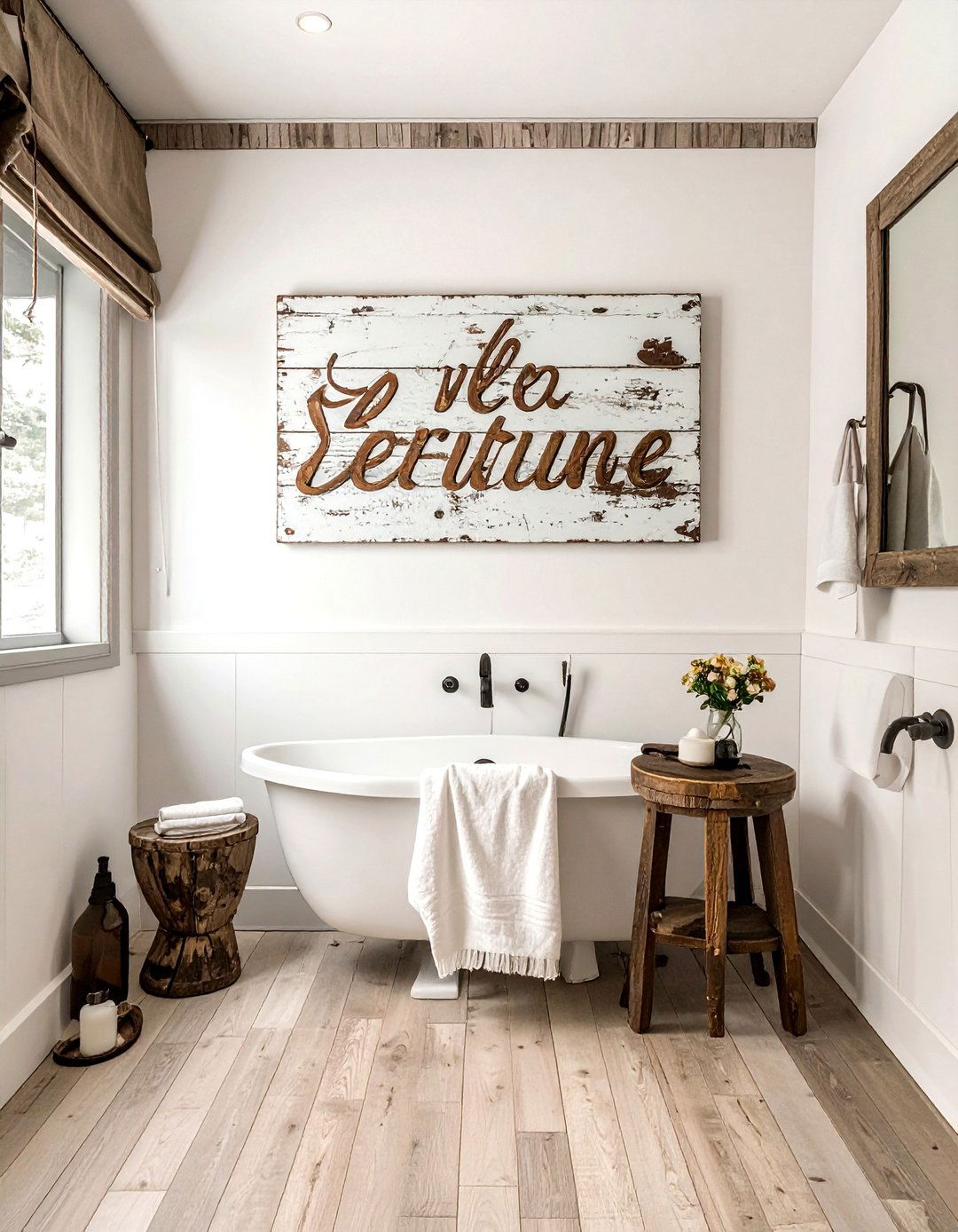 Vintage wood signage - 30 bathroom wall decor ideas