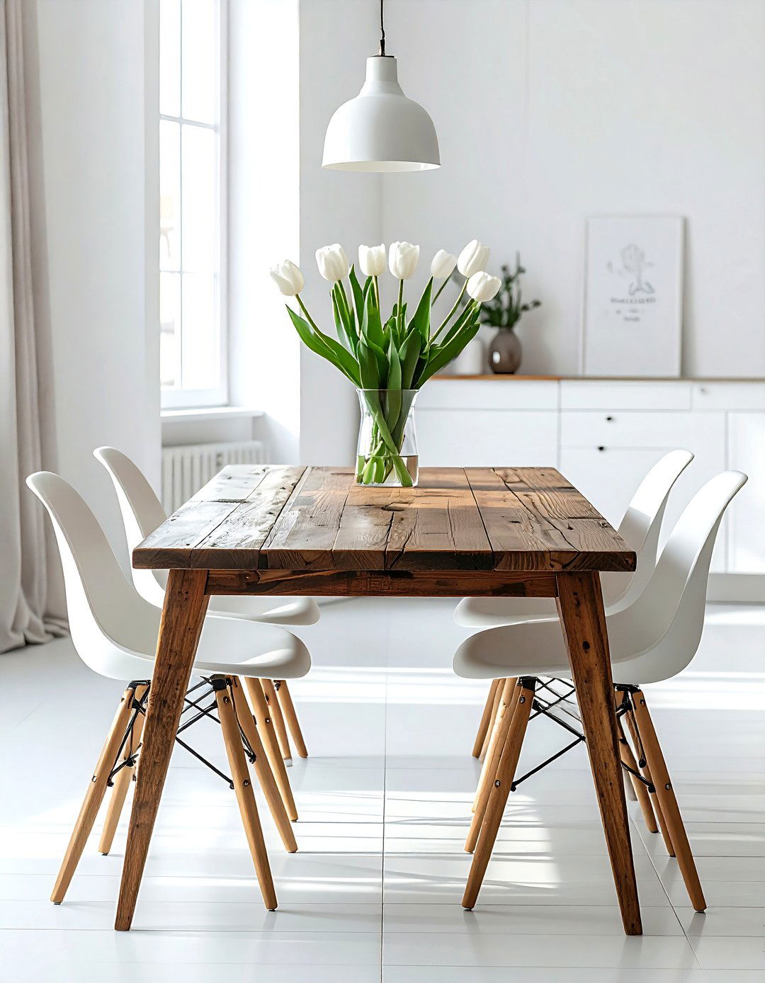 Vintage wood table white tulip chairs - 30 brown and white dining room ideas