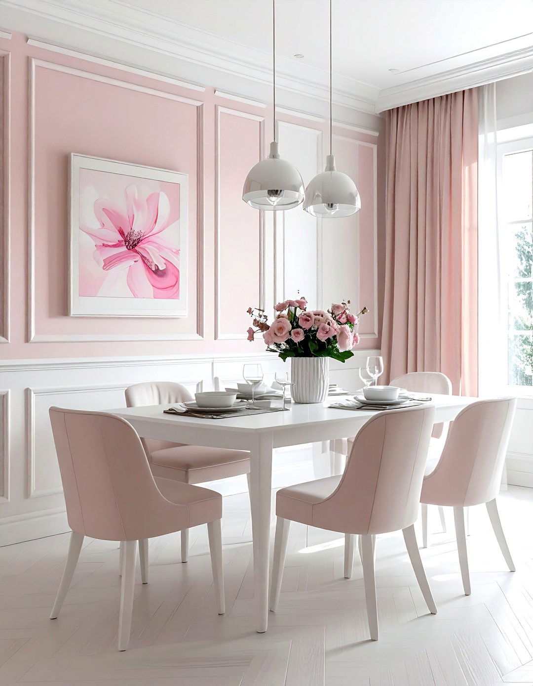 Wainscoting blush white dining room - 30 blush and white dining room ideas