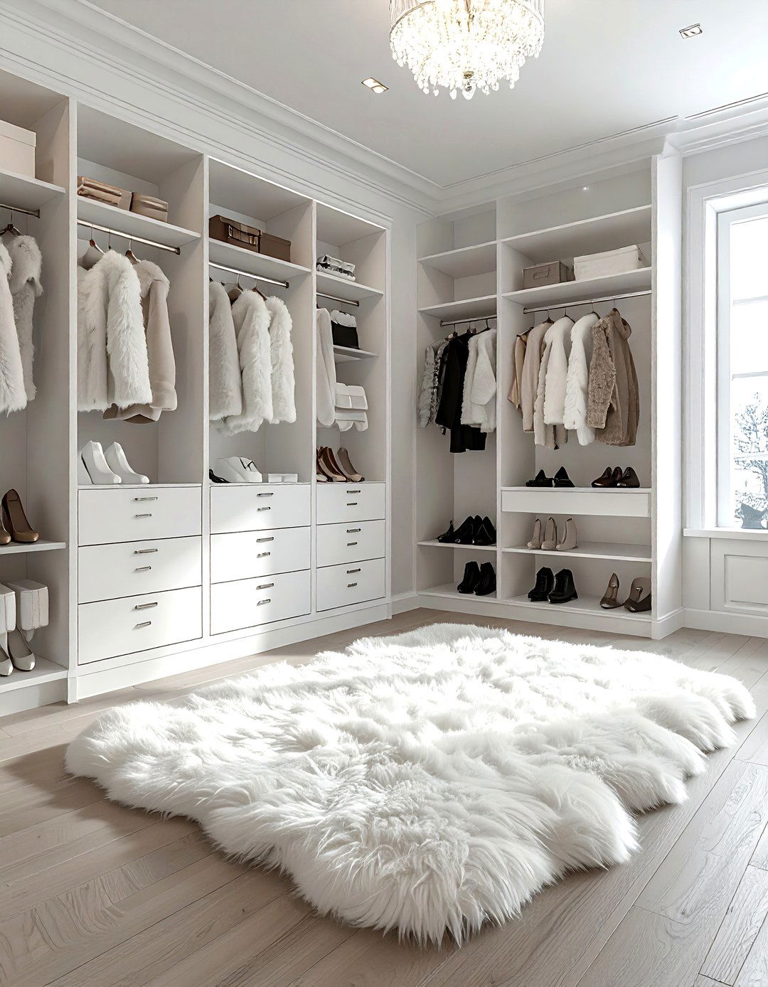 Walk in closet with sheepskin rug - 30 sheepskin rug ideas