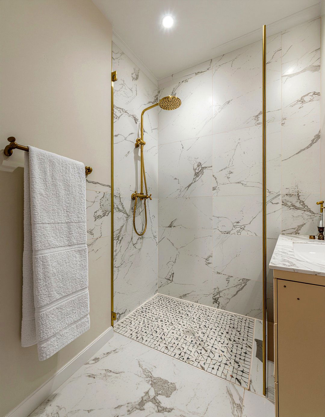 Walk in shower with brass frame - 30 Georgian bathroom ideas
