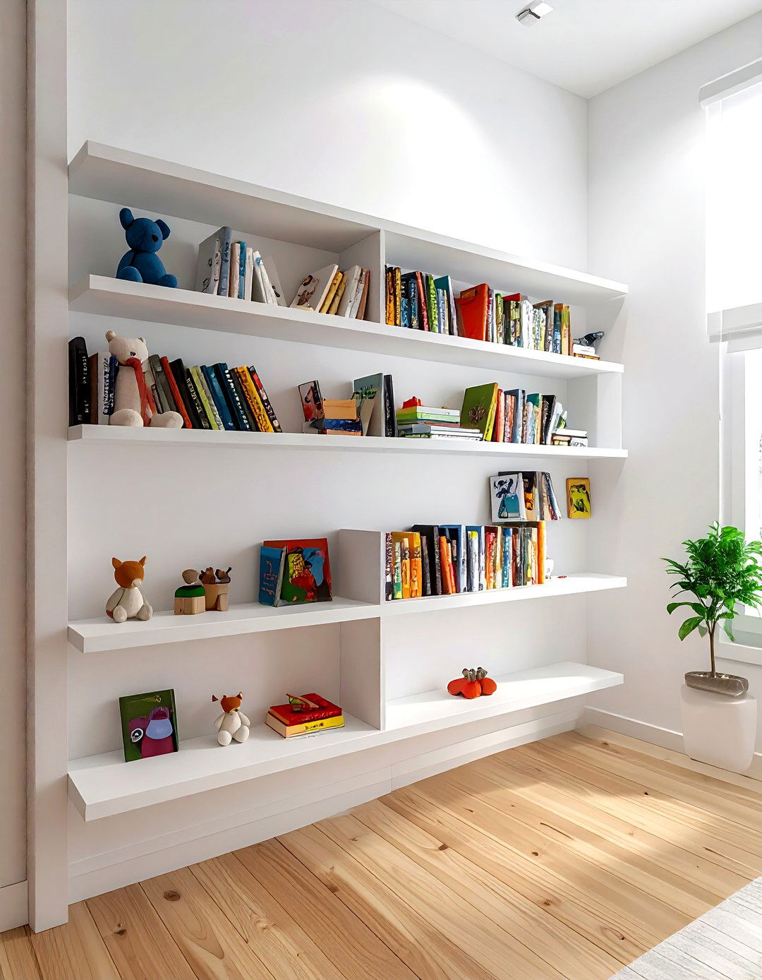 Wall mounted bookshelves - 30 playroom storage ideas