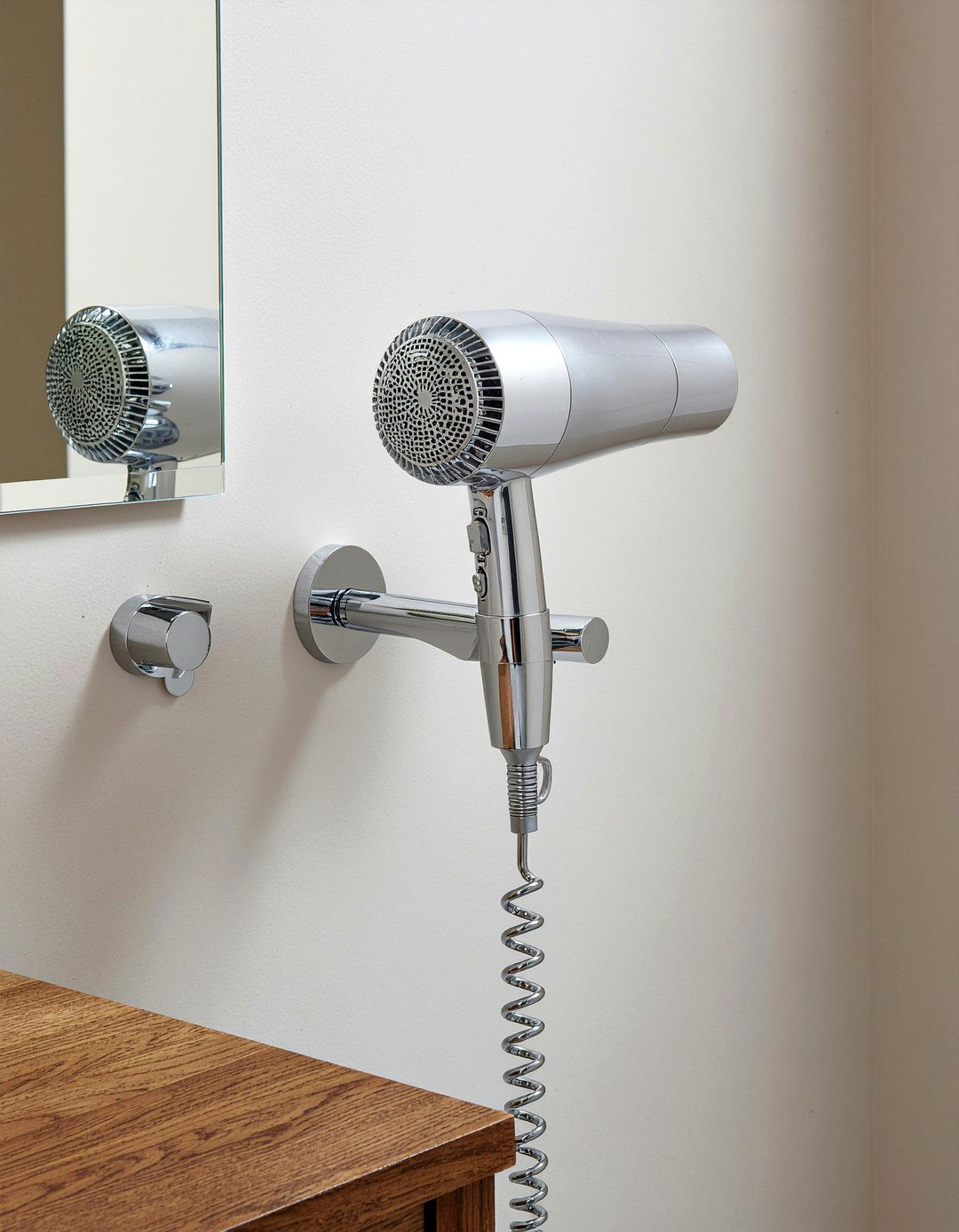 Wall mounted hairdryer holder with power - 30 bathroom electrical ideas
