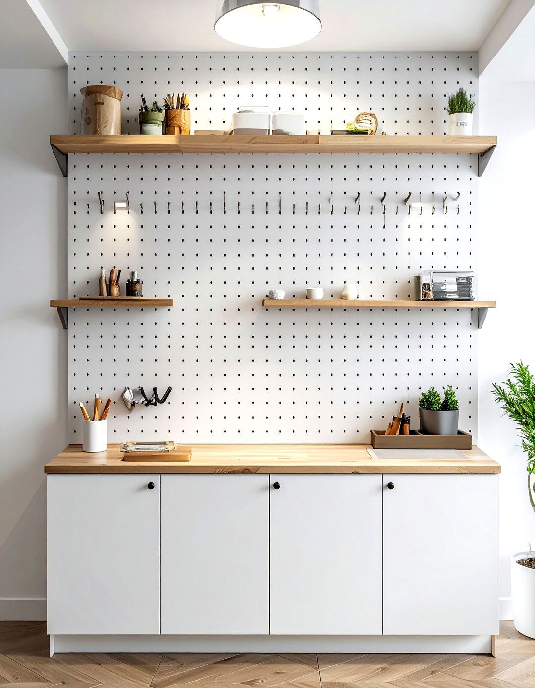 Wall mounted pegboard - 30 living room overhead storage ideas