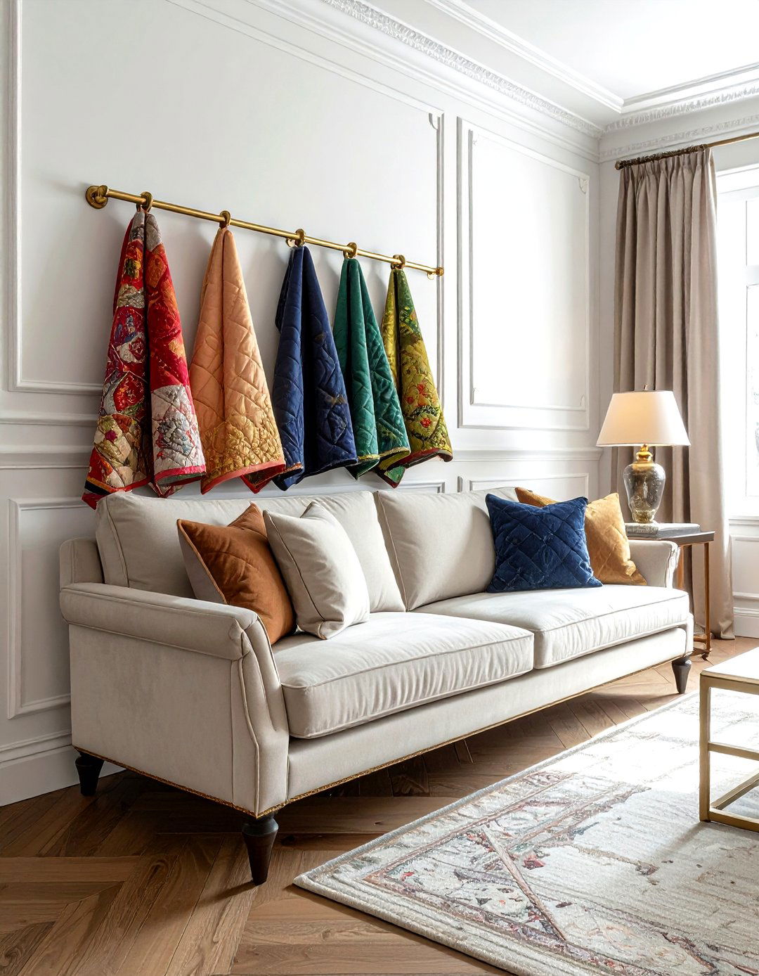 Wall mounted quilt rack - 30 living room blanket storage ideas