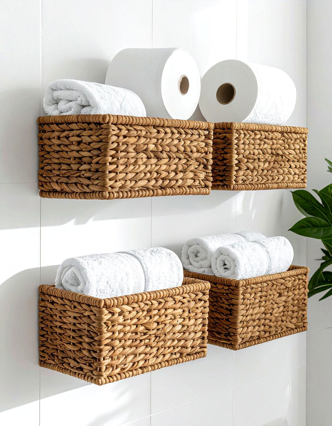 Wall mounted wicker baskets - 30 bathroom storage solutions