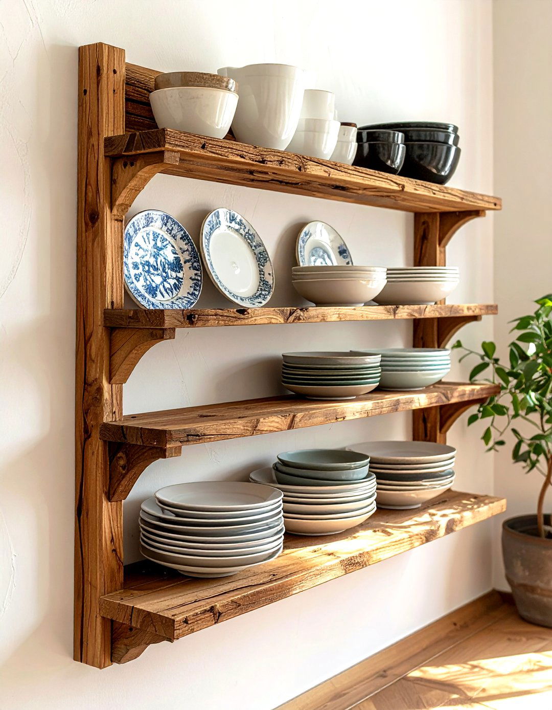 Wall mounted wood plate rack - 30 French farmhouse kitchen ideas