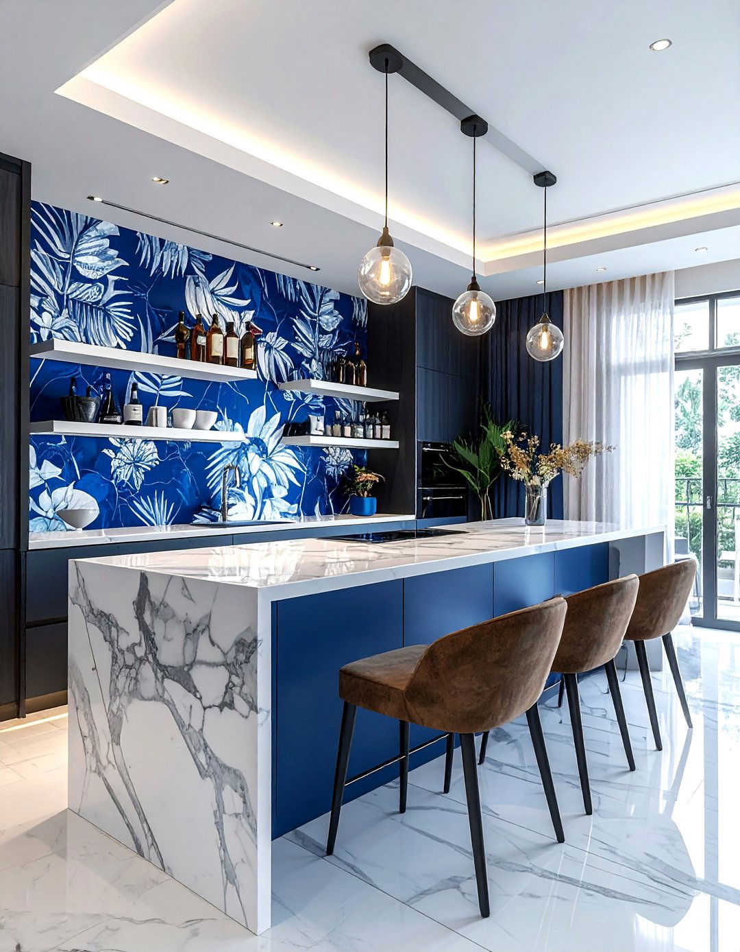 Wallpapered Bar Back Panel - 30 dining room built-in bar ideas