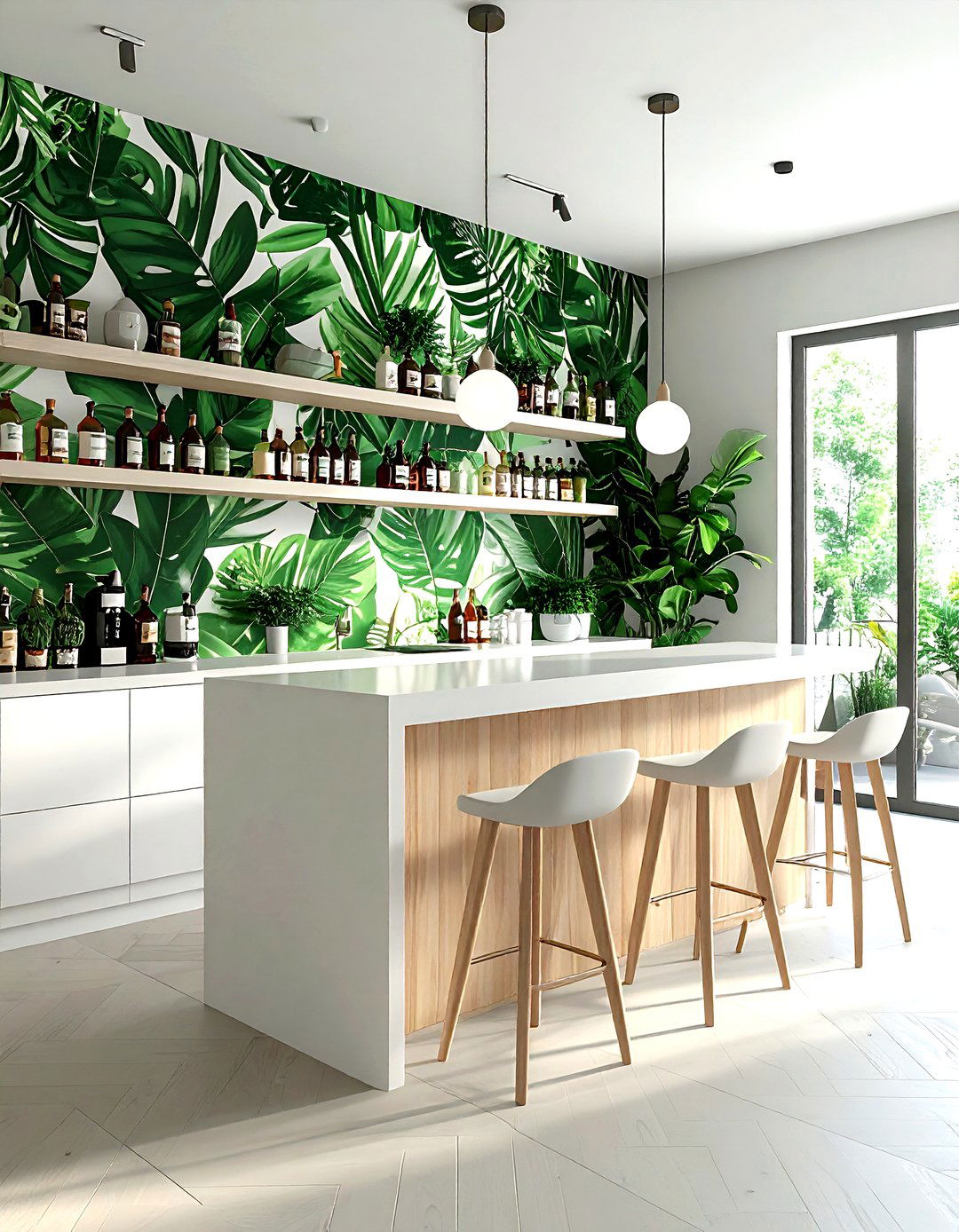 Wallpapered back dry bar - 30 kitchen dry bar ideas