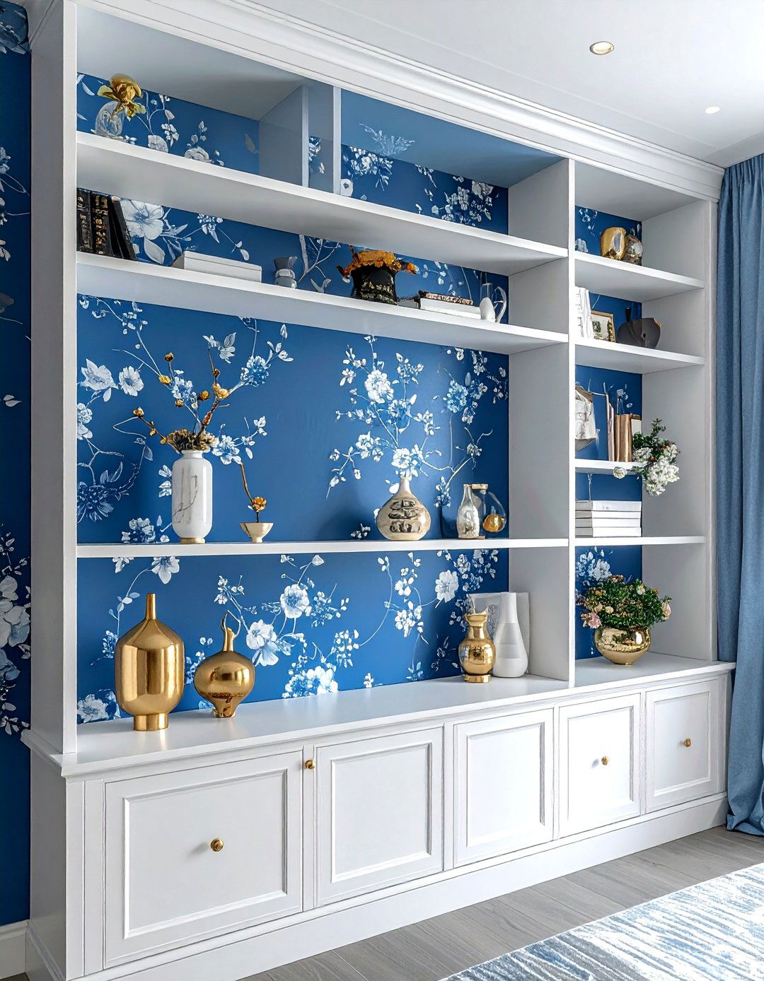 Wallpapered back shelf - 30 living room built-in shelves
