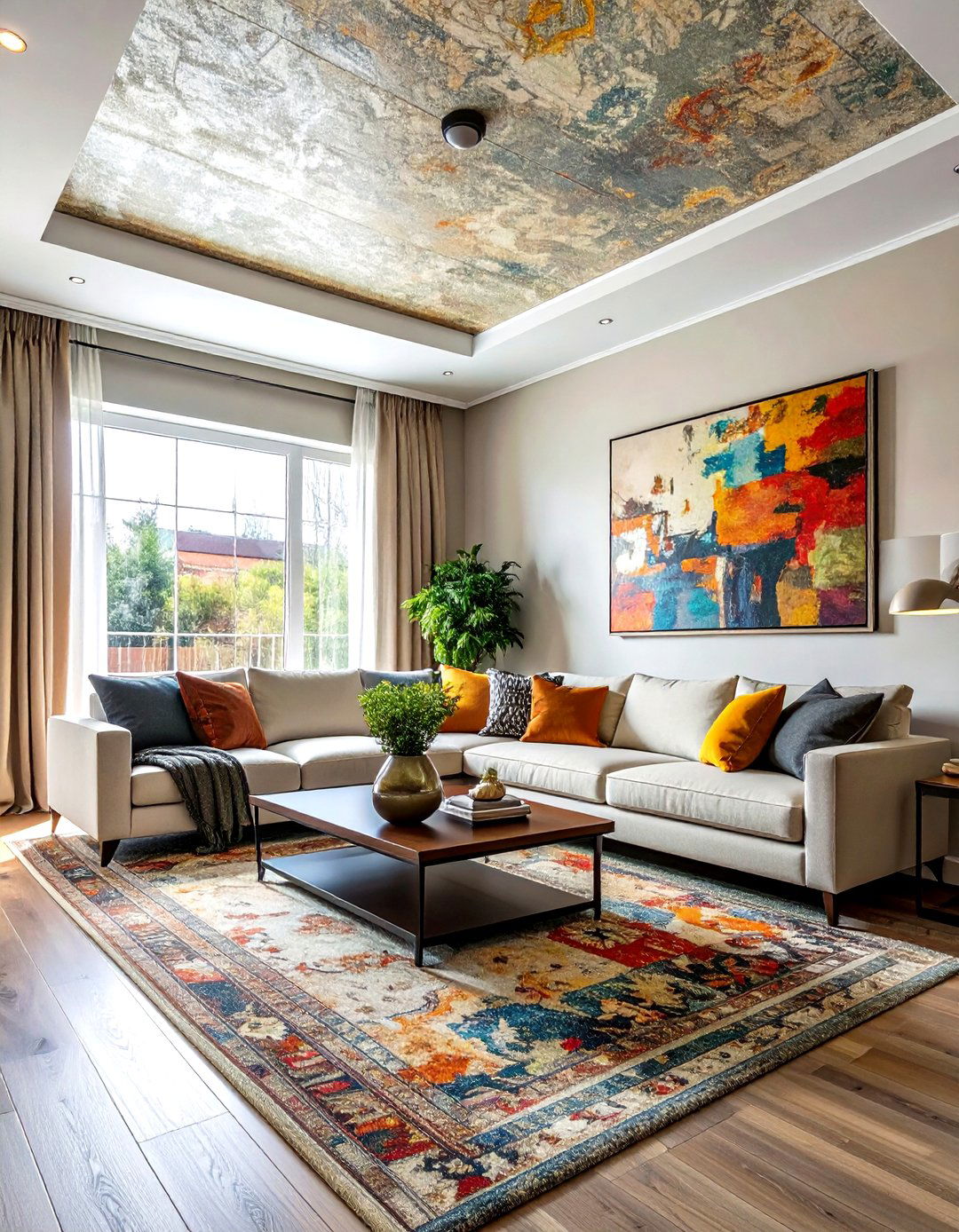 Wallpapered ceiling living room - 30 living room textured ceiling ideas