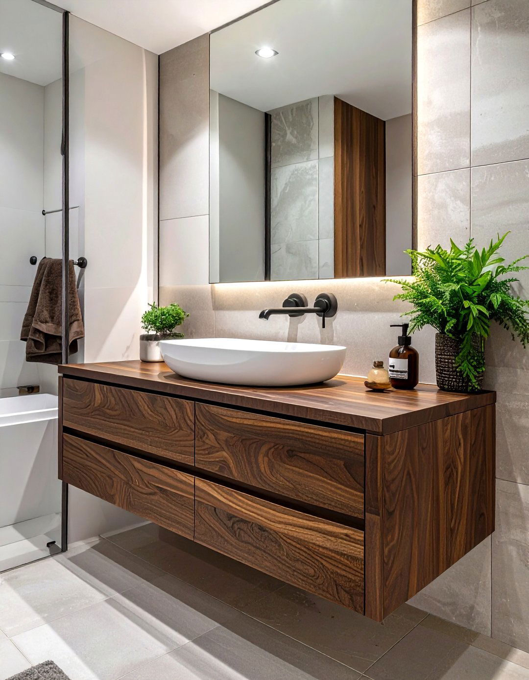 Walnut Wood Floating Vanity - 30 natural wood decor ideas
