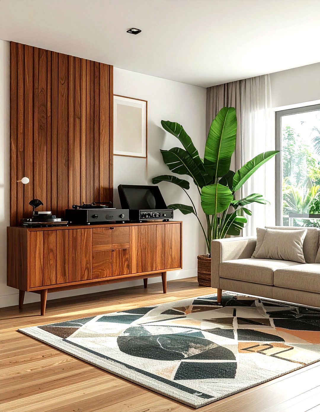 Walnut Wood Slat Accent - 30 living room plank wall ideas