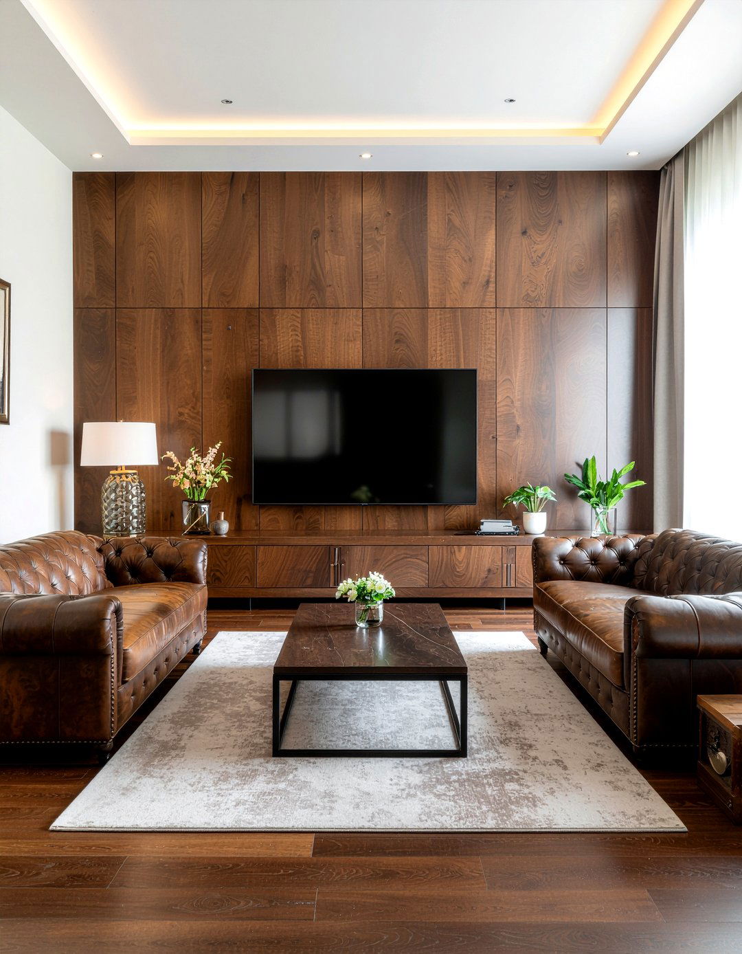 Walnut Wood Slat Wall - 30 living room entertainment wall ideas