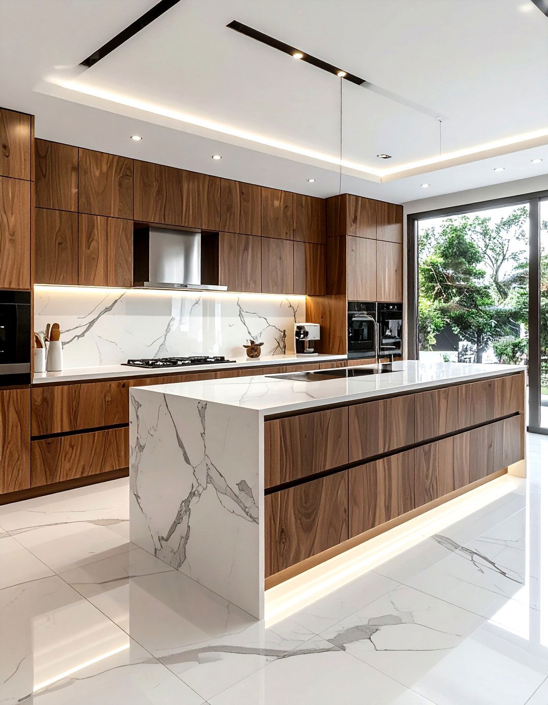 Walnut kitchen cabinets with white marble - 30 brown and white kitchen ideas