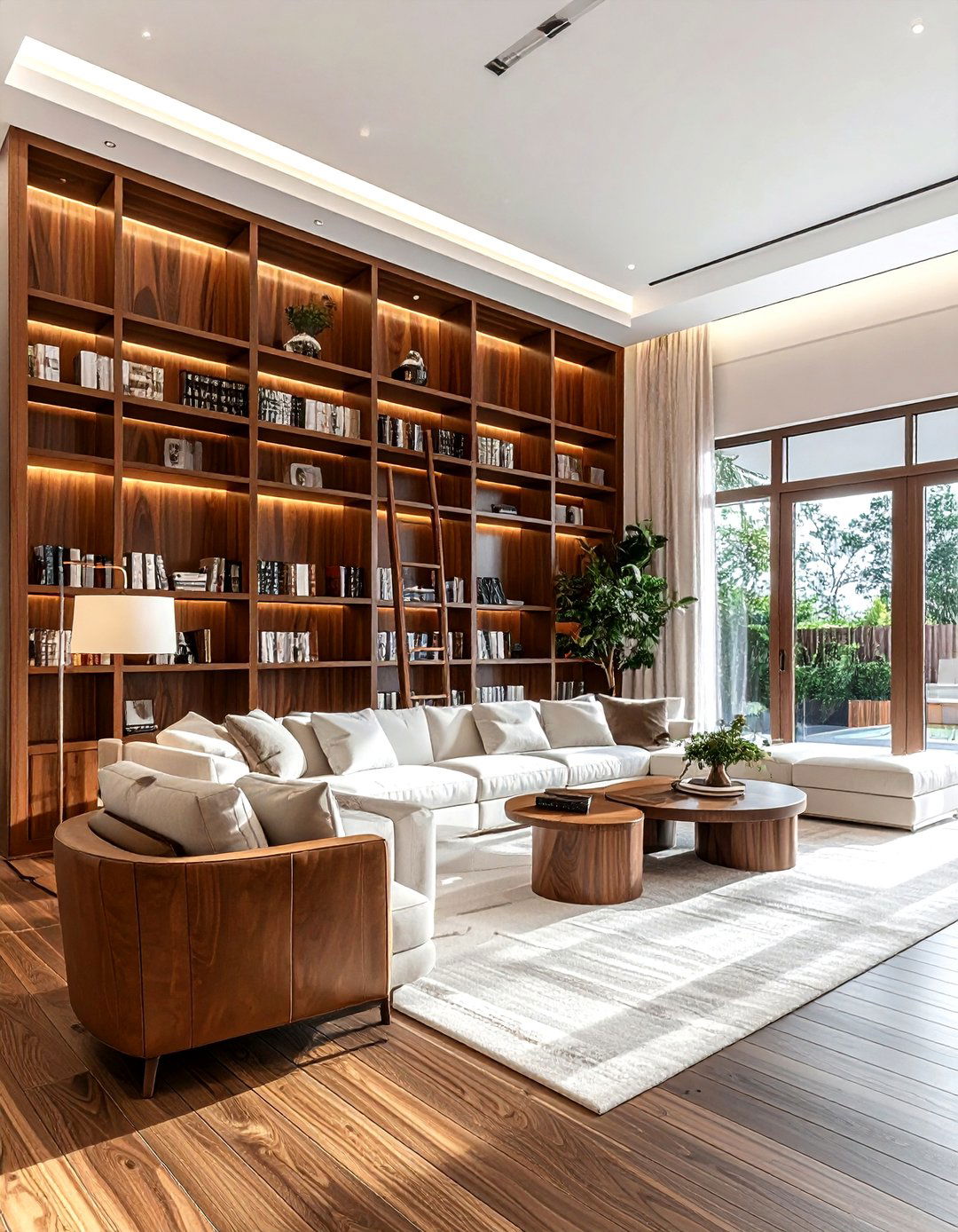 Walnut library wall - 30 living room walnut furniture ideas