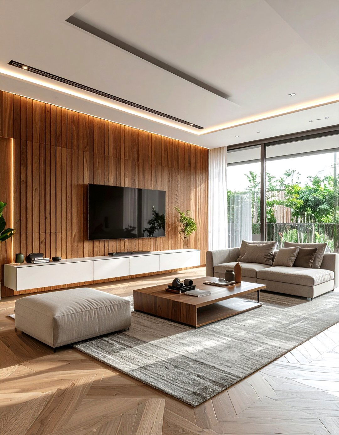 Walnut slat wall - 30 living room walnut furniture ideas