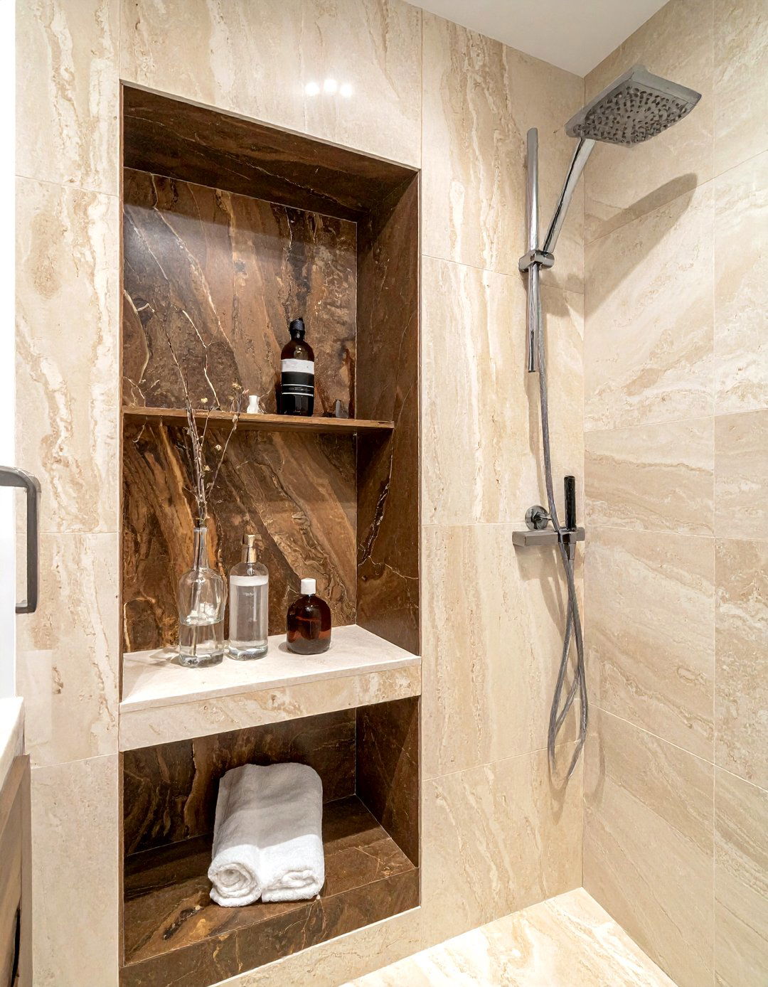 Walnut travertine shower niche - 30 travertine tile bathroom ideas
