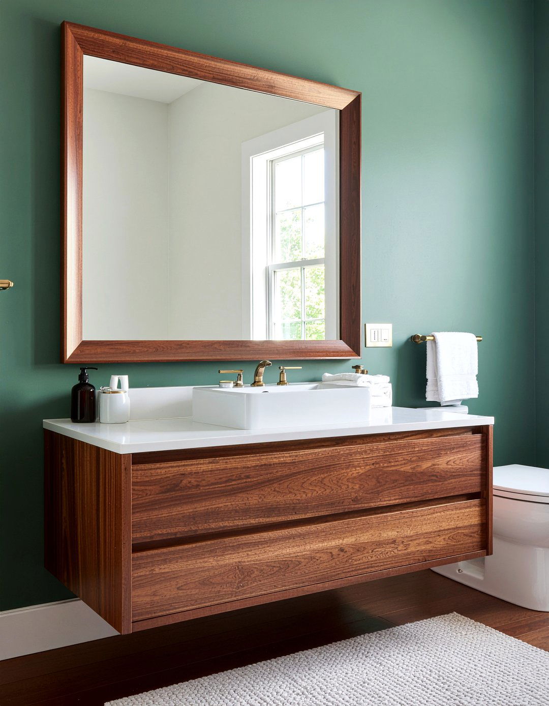 Walnut wood bathroom mirror - 30 framed bathroom mirror ideas