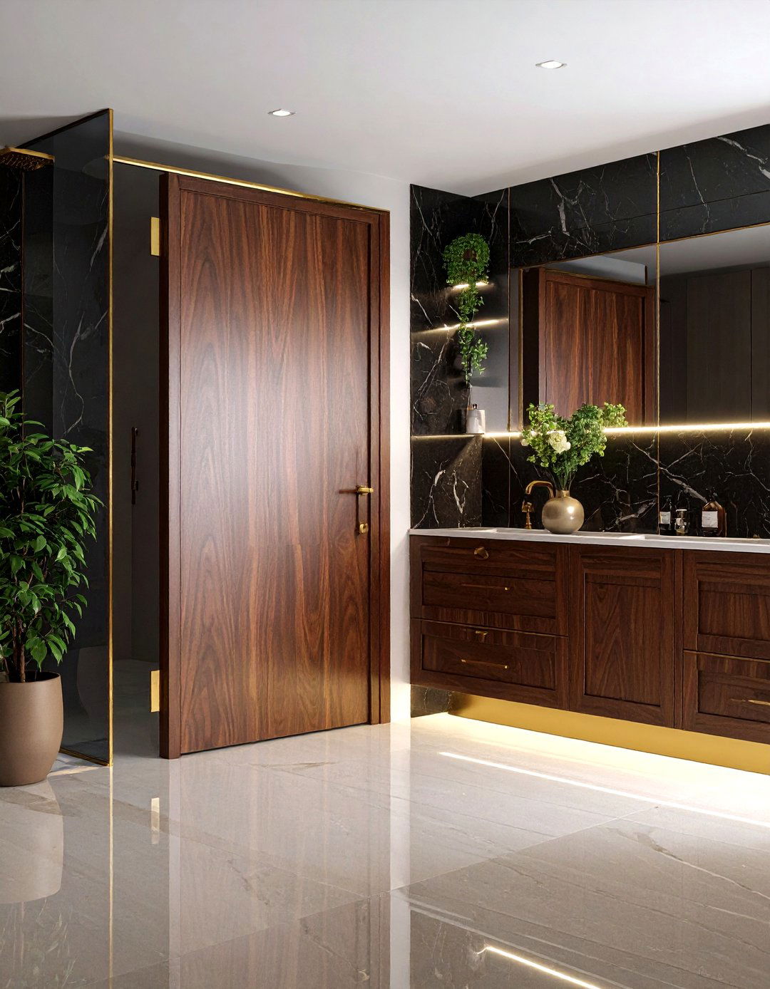 Walnut wood pocket door - 30 bathroom pocket door ideas