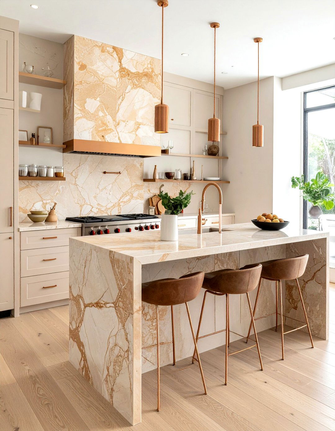 Warm Toned Veined Stone - 30 veined countertop kitchen ideas