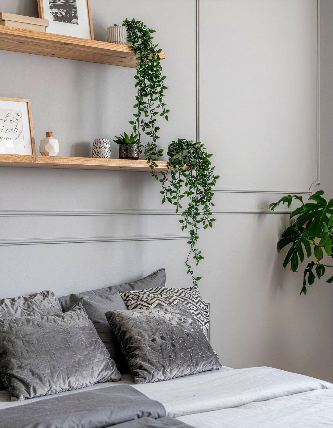 Warm gray bedroom floating shelves - 30 warm gray bedroom ideas