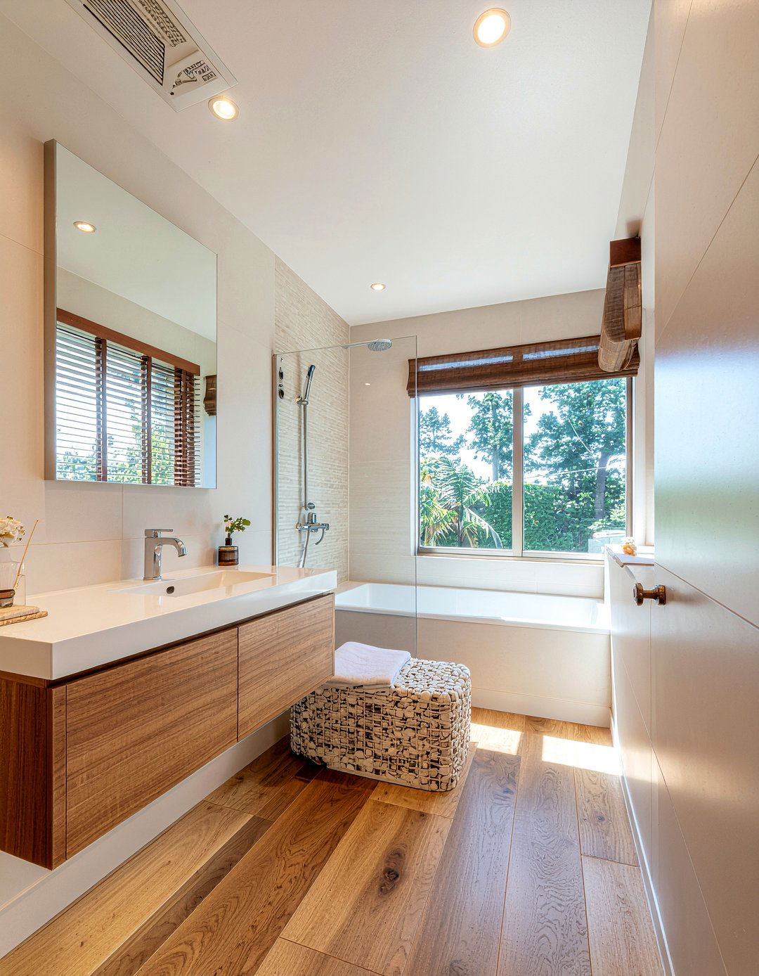 Warm oak wood tile - 30 floor to ceiling tile bathroom ideas