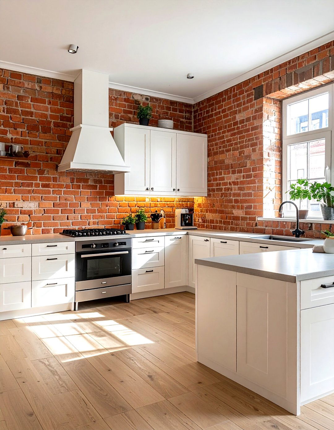 Warm white kitchen with brick backsplash - 30 warm white kitchen ideas