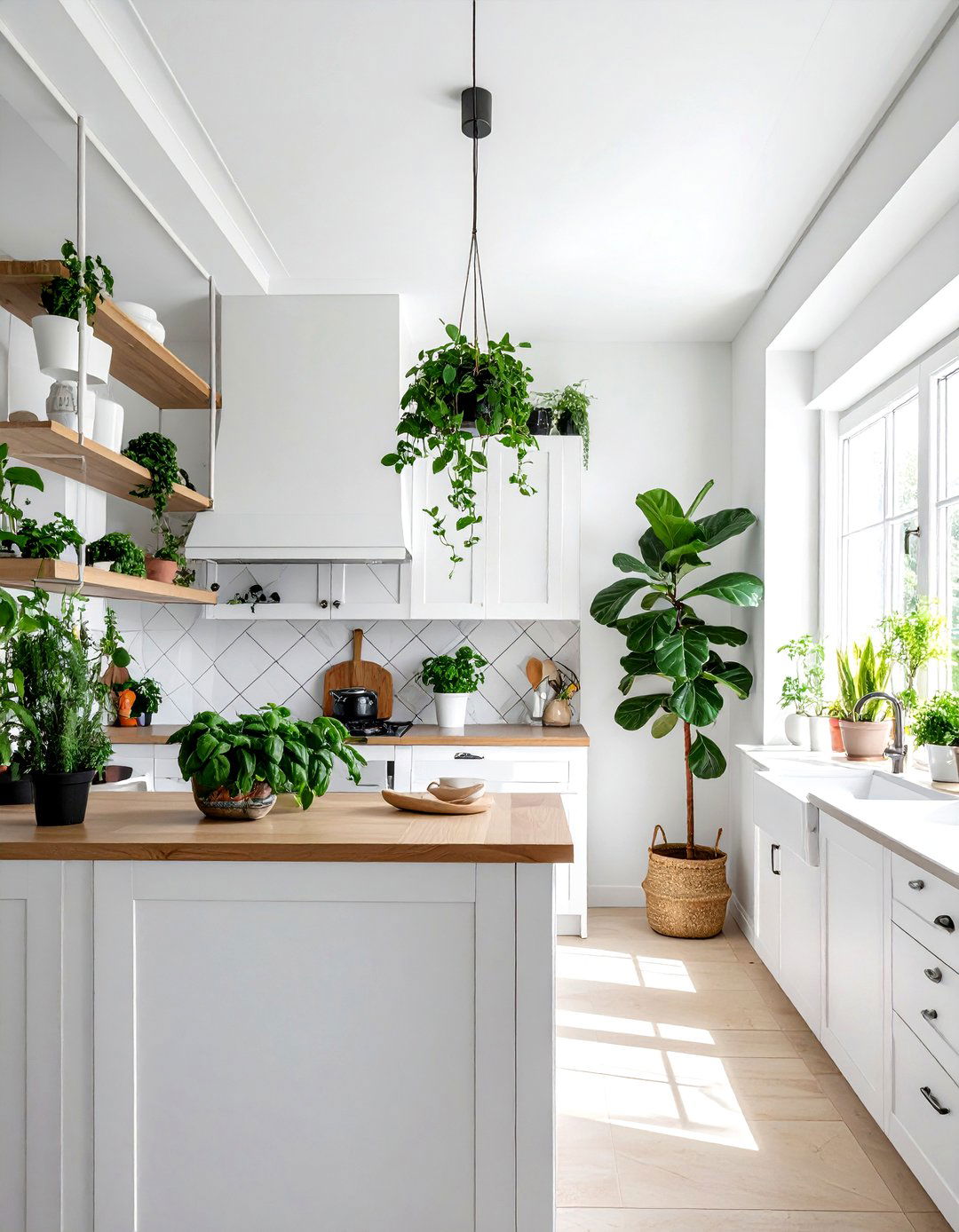 Warm white kitchen with greenery - 30 warm white kitchen ideas