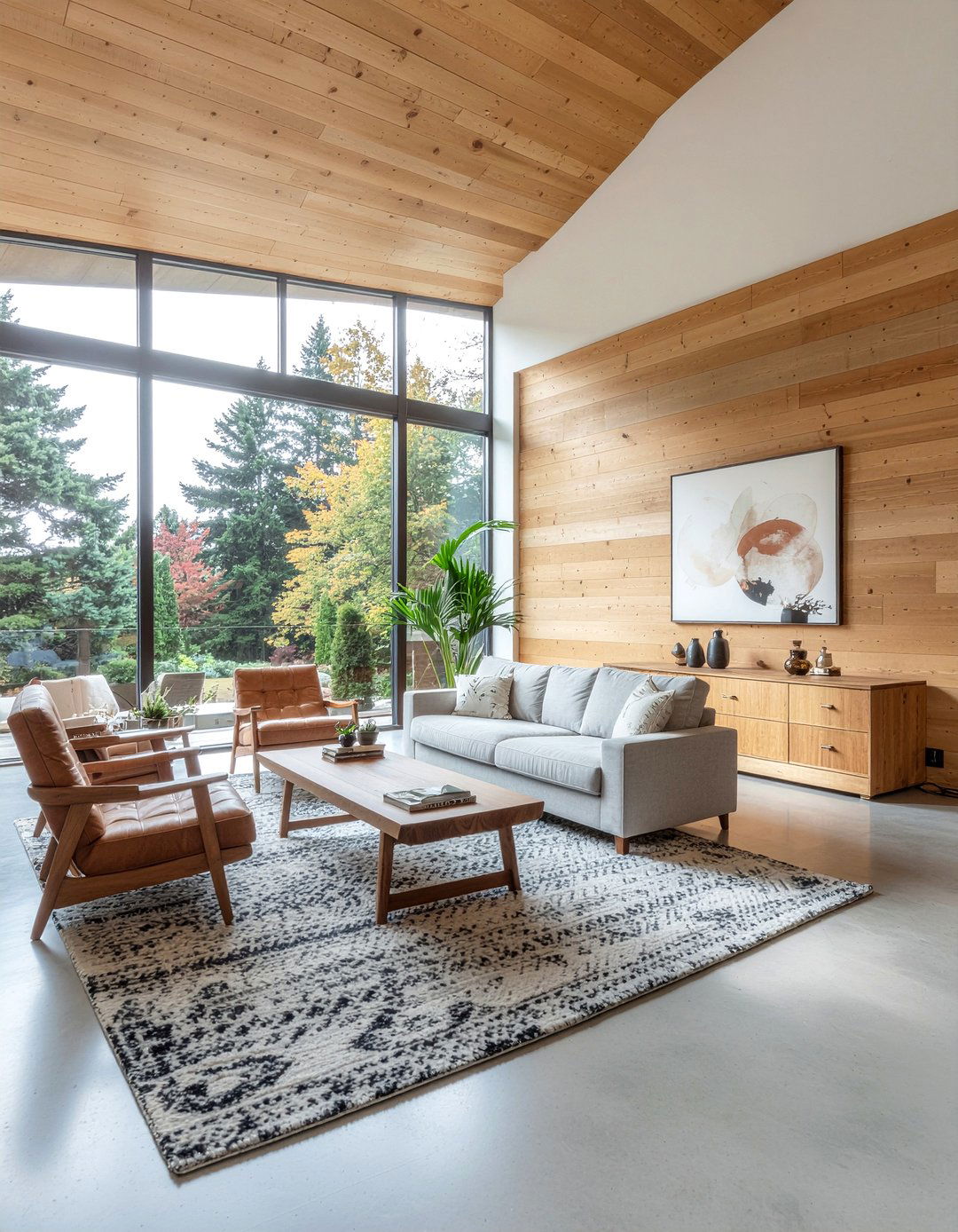 Warm wood and concrete living room - 30 polished concrete living room ideas