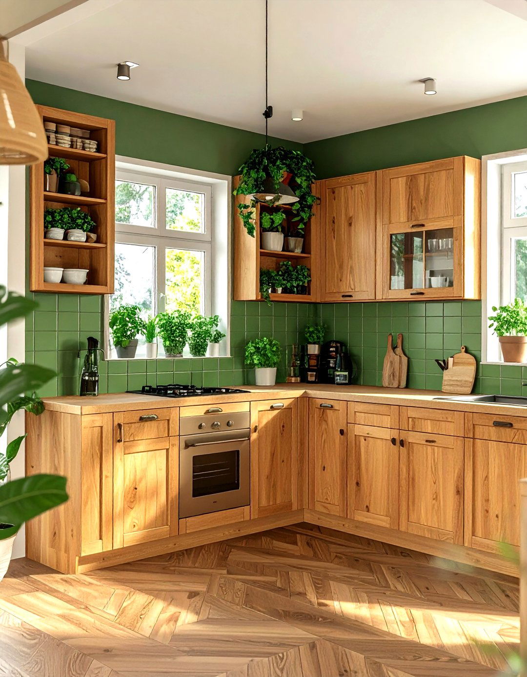 Warm wood kitchen green accents - 30 maple kitchen cabinet ideas