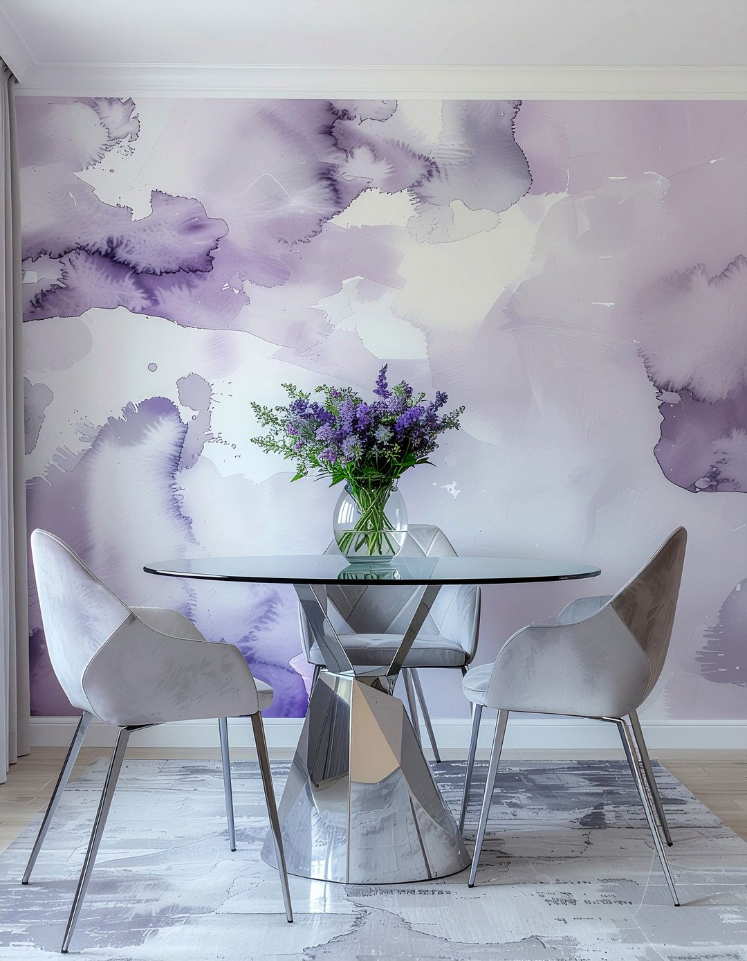 Watercolor Wallpaper And Geometric Chairs - 30 dining room pattern mixing ideas