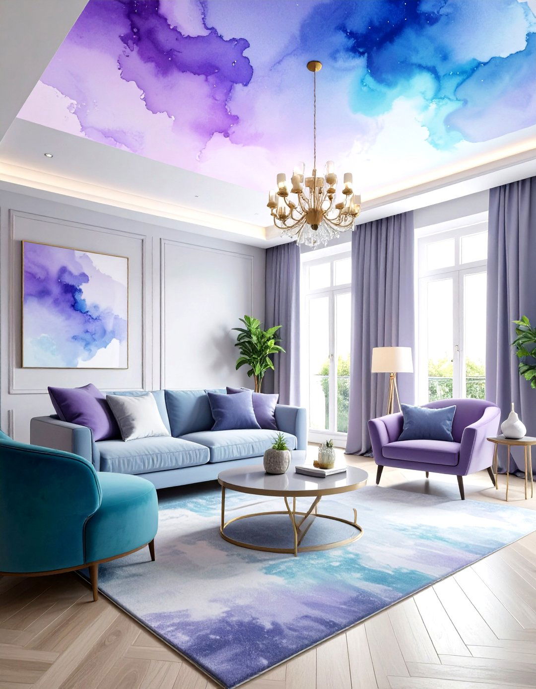 Watercolor wash ceiling wallpaper - 30 living room ceiling wallpapers